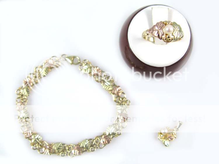 Ladies 10K Yellow Gold Leaf Bracelet Pendant Ring Set  