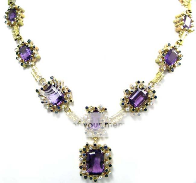 Ladies 18K Gold Amethyst Diamond Sapphire Necklace  